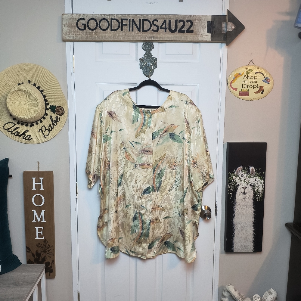 Vintage Maggie Barnes Lightweight Tunic Top Feather Print Plus Size 34W